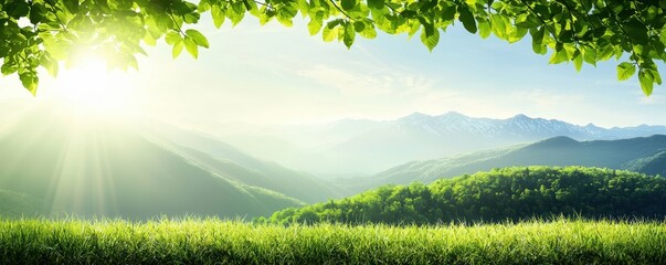 Wall Mural - Sunlit green valley landscape mountain range nature scene peaceful environment wide viewpoint serenity concept