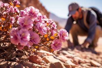 Wall Mural - Behold juxtaposition betwixt fragile desert blooms and unforgiving terrain, wherein resplendent blossoms doth epitomize indomitable spirit of existence and exultation they bestow upon arid wastelands