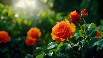 Wall Mural - Orange rose in garden glowing in sunset rays, perfect for a summer banner with room for copy.