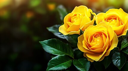 Wall Mural - Yellow roses blooming in spring garden under setting sun, perfect for banner with copy space.