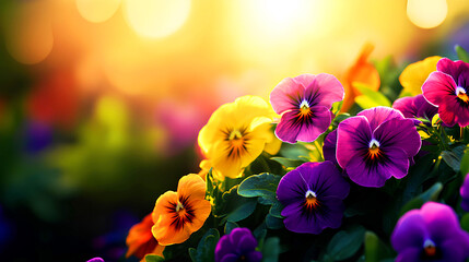 Wall Mural - Bright purple yellow pansies in spring garden glowing in sunset rays, perfect for a spring banner with copy space.