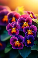 Wall Mural - Enchanting purple pansies in the rays of the setting sun in the garden. Copy space.