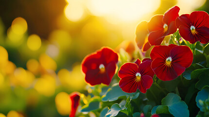 Wall Mural - Summer banner with vibrant burgundy pansies in garden at sunset, offering ample copy space.