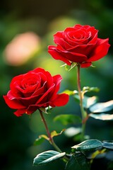 Wall Mural - Red roses in summer garden glowing in sunset rays.