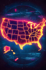 Poster - Neon map of the USA with glowing states and data overlay.
