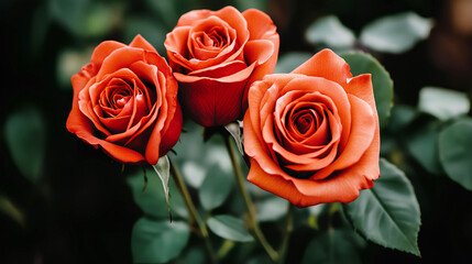 Wall Mural - Vibrant orange roses in garden at sunset.