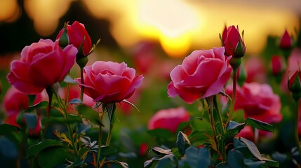 Wall Mural - Beautiful pink roses blossoming in garden during sunset, creating a lovely spring banner with copy space.