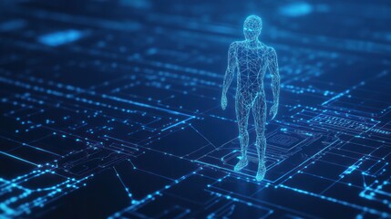 Fototapete - A holographic human figure stands on a digital grid, representing technology and data visualization.