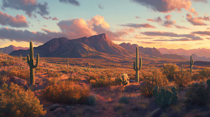 Wall Mural - Sunset in arizona desert with mountain and cactus. Twilit. Illustration