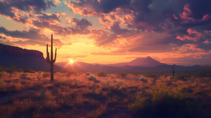 Wall Mural - Sunset in arizona desert with mountain and cactus. Twilit. Illustration