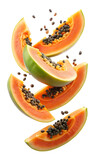 papaya slices flying isolated on white background PNG.AI GENERATED