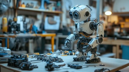 Fototapete - A humanoid robot stands amidst various mechanical parts in a workshop setting.