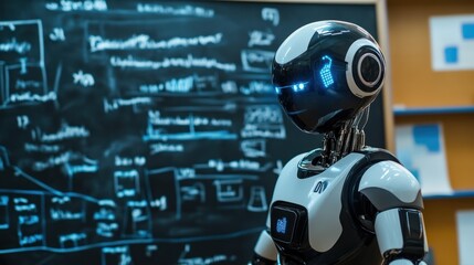 Aufkleber - A humanoid robot stands in front of a chalkboard filled with technical diagrams and notes.