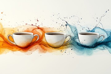 Sticker - Three white coffee cups in vibrant orange, yellow, and blue liquid splashes.