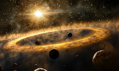 Wall Mural - A cosmic scene depicting a star illuminating a dusty, asteroid-filled space environment.