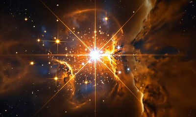 Wall Mural - A stunning cosmic image showcasing a bright star surrounded by colorful nebulae and stars.