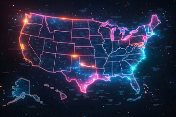 Poster - Glowing digital map of the USA highlighting major cities.