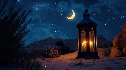 Poster - A lantern illuminates a serene desert scene under a starry night sky with a crescent moon.