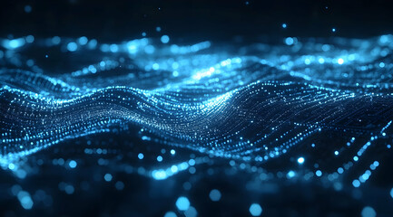 Poster - Blue, glowing waves of light and particles on a dark background