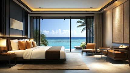 Aufkleber - A luxurious bedroom with ocean view, designed for relaxation and comfort.