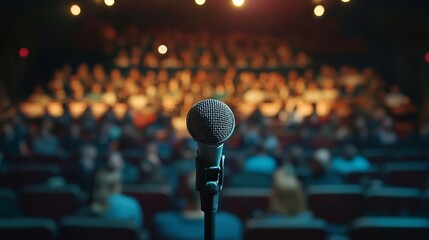 A microphone on a stand illuminated by a spotlight