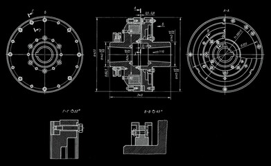 Wall Mural - Electromagnetic coupling with anchor.
Scheme of machine part.
Engineering automotive mechanical drawing of steel 
device. Industrial design on paper sheet. 
Technology hand drawn schematic diagram. 