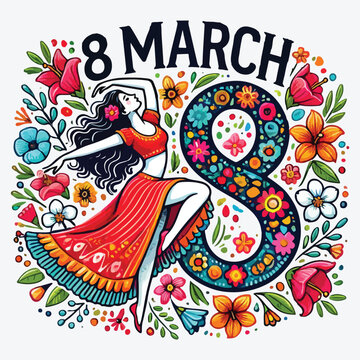 8 March Text on White Background with Flowers and a Dancing Women stock photo