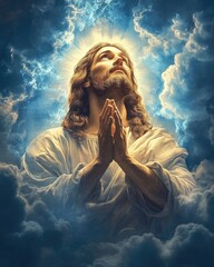 Wall Mural - Jesus, bathed in radiant light, looks upward with hands clasped in prayer.
