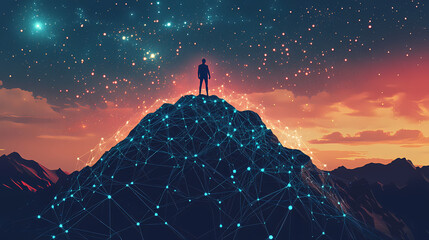 Wall Mural - A lone figure stands atop a mountain peak, surrounded by a network of connections against a starry sky at dusk. Twilit. Illustration