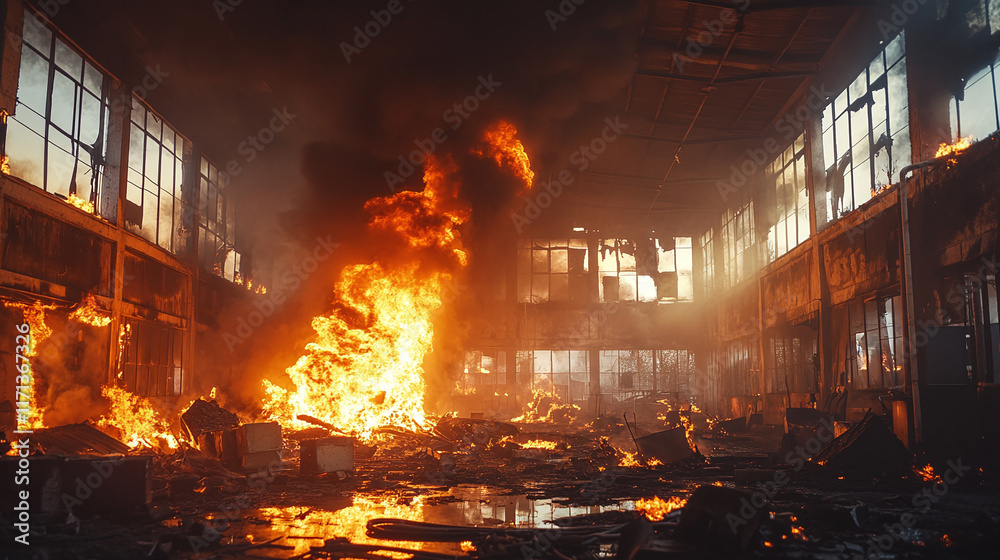 Led Factory Fire Foto de Stock Big fire flame burning in industrial factory building ...