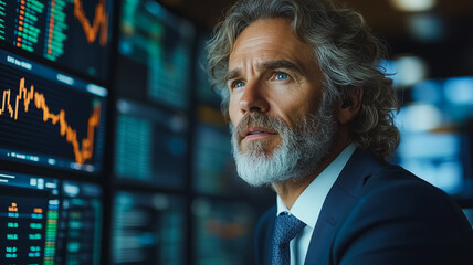 Poster - Strategic Vision: A seasoned businessman contemplates market trends displayed on multiple monitors, conveying a sense of thoughtful analysis and calculated decision-making.