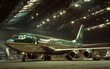 © ArtsybitDesign - A majestic Boeing 737-800 rests in a dimly lit hangar, its dark green livery a stark contrast to the metallic gleam of its fuselage. A sense of quiet solitude permeates the scene.