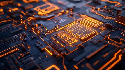 Poster - futuristic circuit board glowing orange lines technology