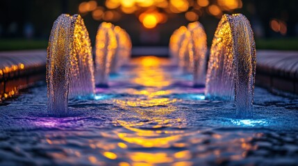 Wall Mural - Illuminated water fountain at sunset.