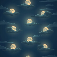 Wall Mural - Seamless Night Sky Moon Clouds Pattern - Celestial