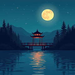 Wall Mural - Serene Moonlit Pavilion, Asian Landscape - Nature and Scenery