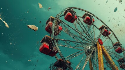 A weathered ferris wheel against a teal sky