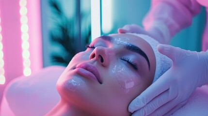Wall Mural - a person receiving a facial treatment, surrounded by soft, elegant lighting and decor.