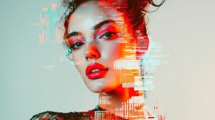Wall Mural - a fashion model with makeup and clothing that incorporates a glitchy, pixelated effect.