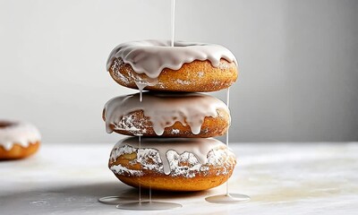 Wall Mural - Stacked donuts covered in whipped cream on a white background