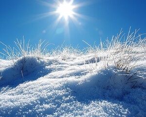 Sticker - Sunny winter day, snow-covered ground with frosted grass.