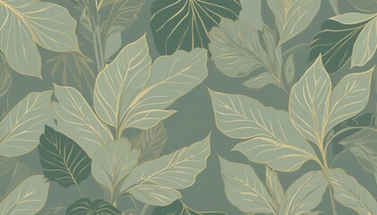 Fototapete - Stylish green and gold leaf wallpaper with a beautiful leaf motif, ideal for creating a fresh and natural ambiance.