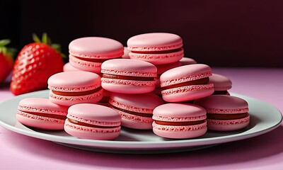 Wall Mural - Pink macaroons in a white plate on a dark background