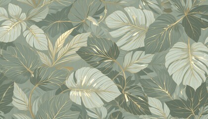 Fototapete - Stylish green and gold leaf wallpaper with a beautiful leaf motif, ideal for creating a fresh and natural ambiance.