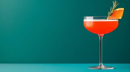 Wall Mural - Refreshing pink cocktail in coupe glass with orange and rosemary garnish on teal background.