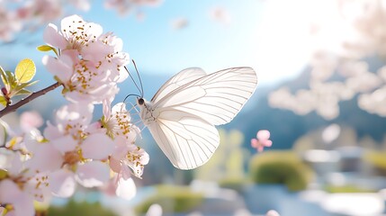 Wall Mural - white butterfly on pink blossoms in bright sunlight.