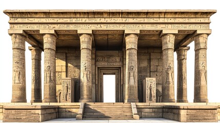 Ancient temple with detailed columns and sculptures, white isolated background.