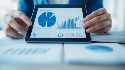 Poster - Data Analysis on Tablet: A close-up shot of a businesswoman's hands analyzing data on a tablet, showcasing a pie chart and bar graph.