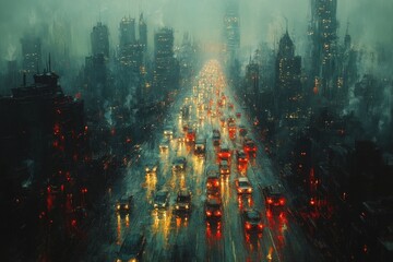 Wall Mural - Rainy night, city traffic, dark buildings, futuristic.