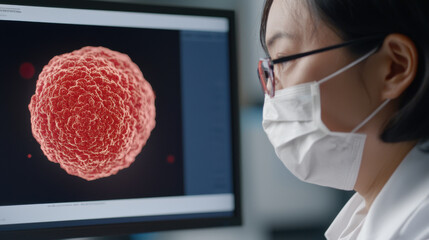 Research Lab concept. Scientist analyzing cellular structure on computer screen in biotechnology lab